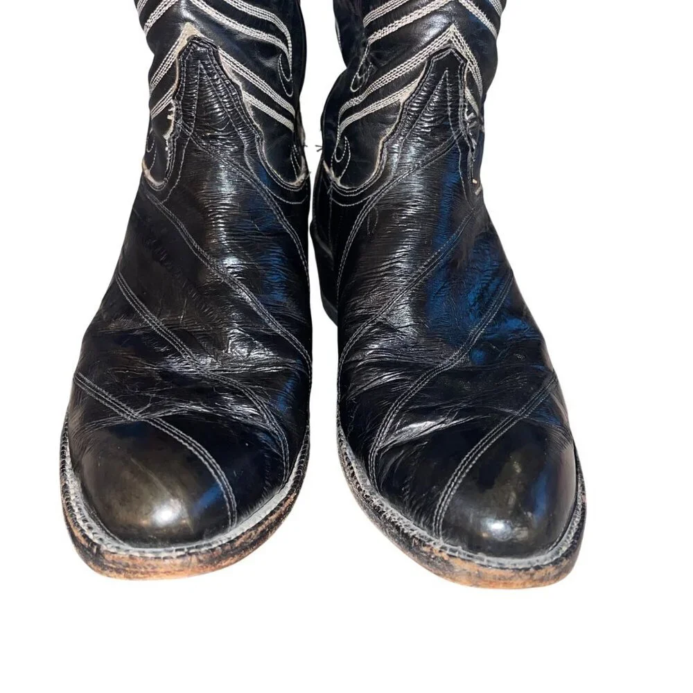 Tony Lama Mens Boots Size 7.5 Black Flame Stitch Detail Eel Skin Casual USA